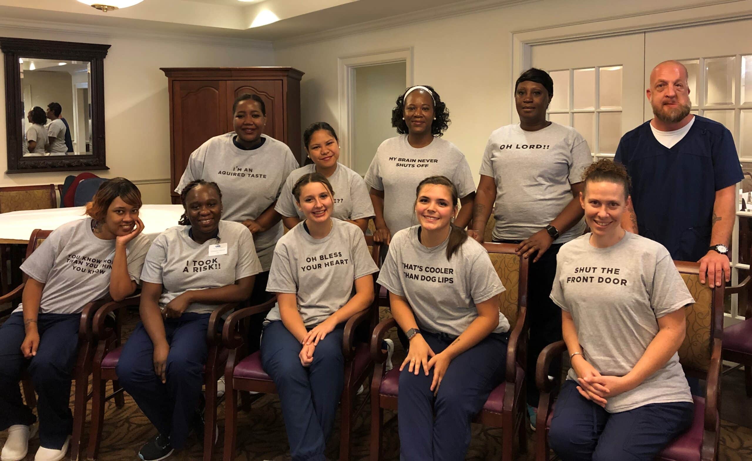 Virginia Health Services' third class of apprentices honored instructor Nora Gillespie with T-shirts of her top phrases.