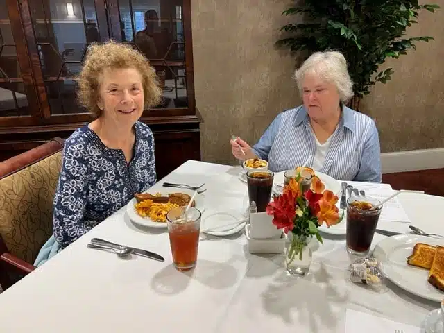 Faye and Kathy eating lunch at The Arbors.