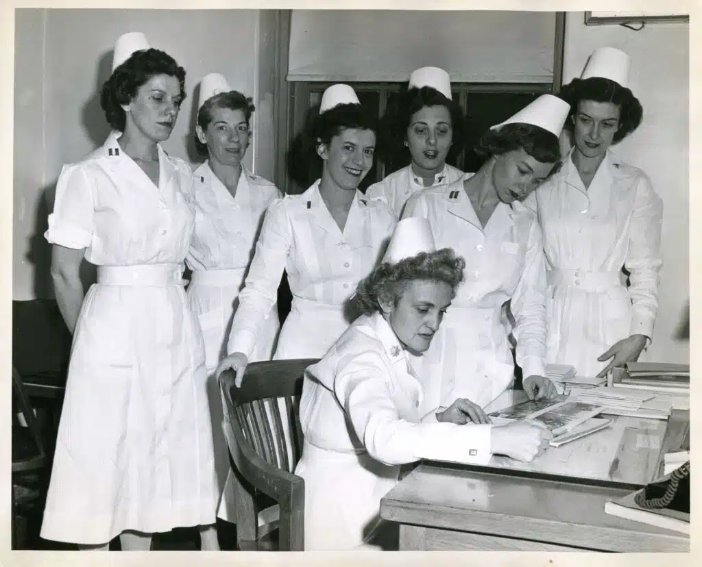 Nurses stand in a group during a photo shoot at Fort Monroe in the 1950s. (Photo courtesy of Fort Monroe)