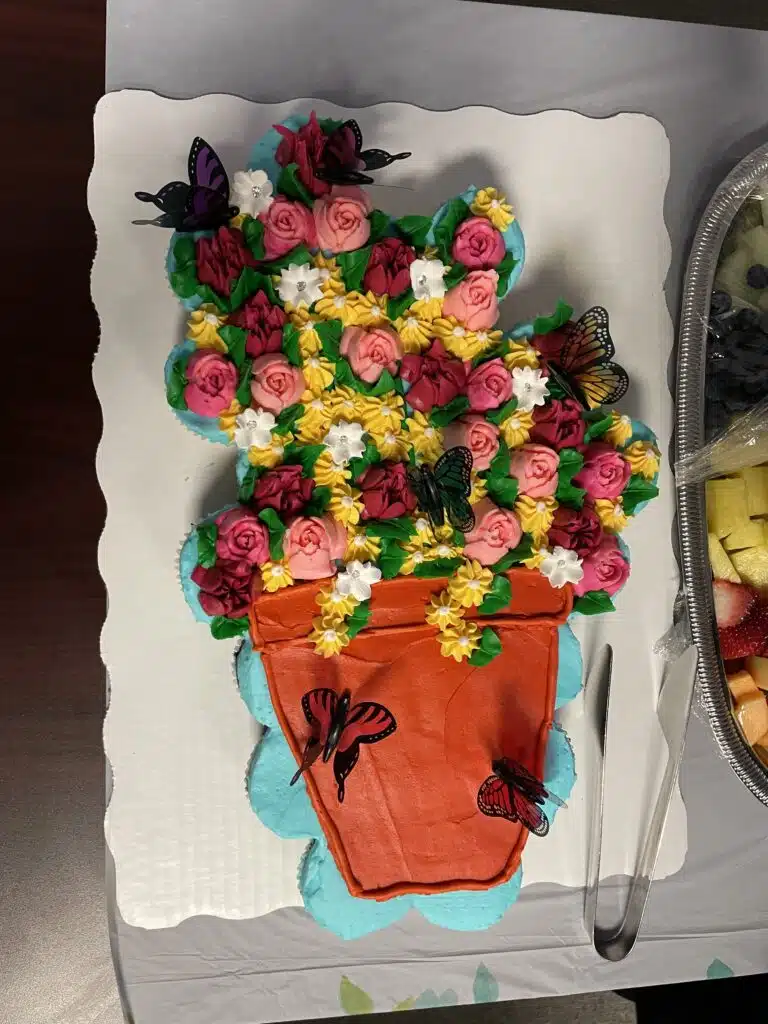 Cupcakes designed to look like a potted flower with butterfly decorations