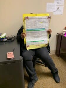 How shift schedules were kept at facilities has been updated from this large piece of paper. "There was a lot of whiteout, erasing and correction tape used," Kathy said.