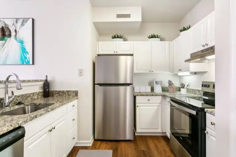Beautiful kitchen with granite countertops and stainless steel fridge and stove