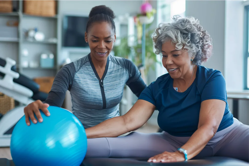 Senior woman with physical therapy stratcing with a medicine ball with therapist